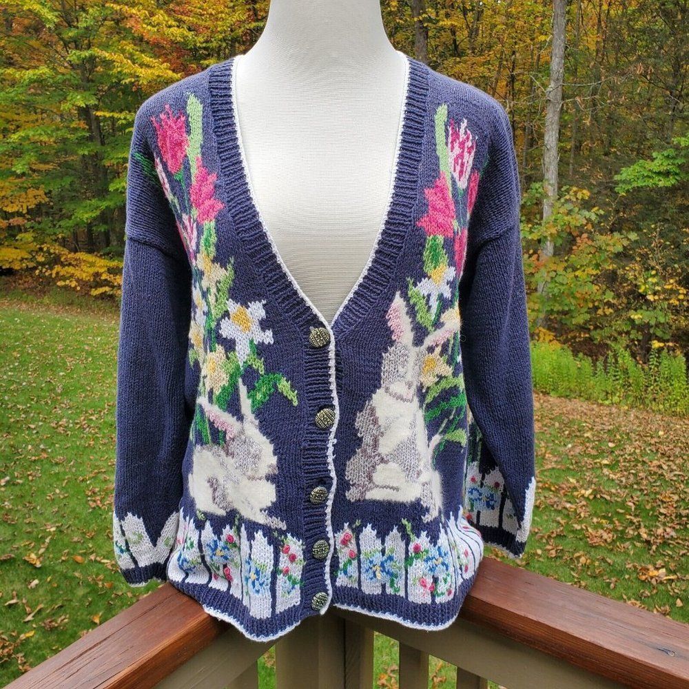 Design Options Easter Egg Cardigan Sweater Large Furry Bunny Rabbit Fence Vtg